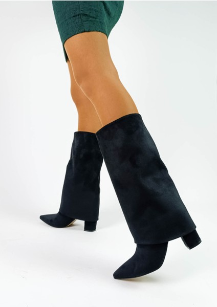Süet Siyah Renk Sivri Burun Kalın Topuk Kadın Çizme modelleri