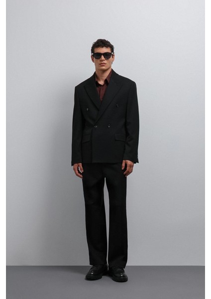 Siyah Relax Fit Kruvaze Erkek Blazer Ceket modelleri