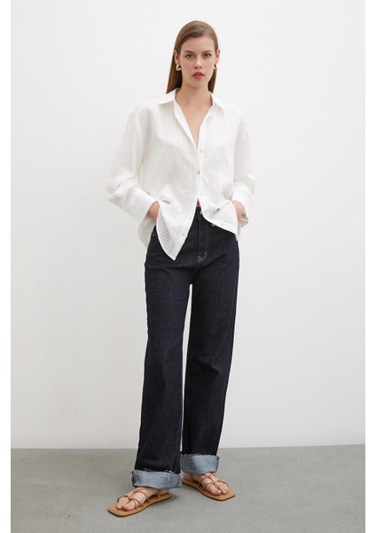 Beş Cepli Yüksel Bel Kesim Paça Jean Koyu Lacivert fiyatları