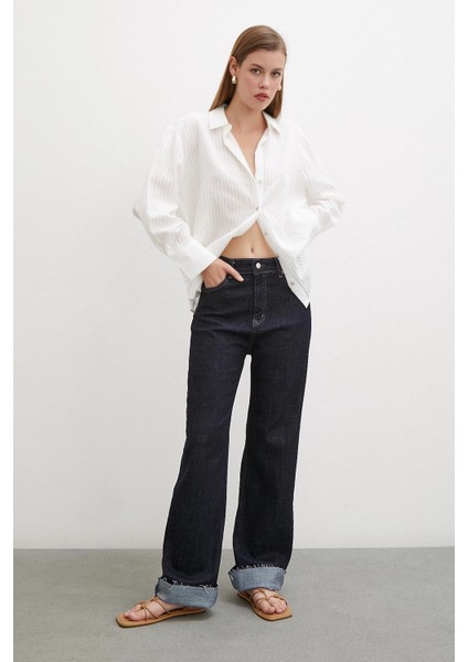 Beş Cepli Yüksel Bel Kesim Paça Jean Koyu Lacivert modelleri