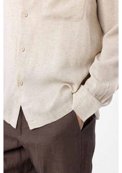 Bej Keten Karışımlı Relax Fit Erkek Gömlek fırsatları