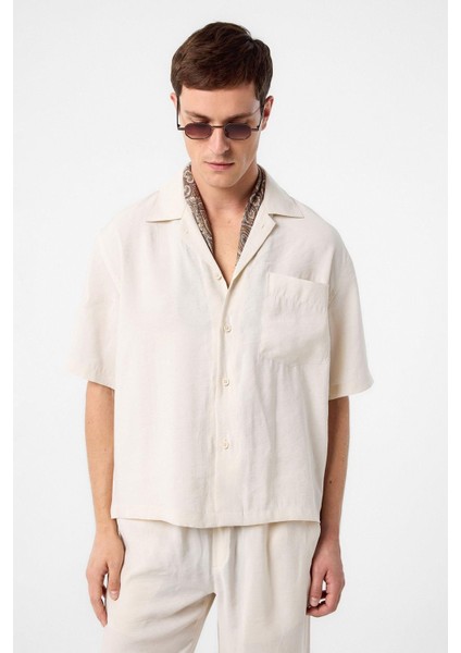 Ekru Apaş Yaka Modal Kumaş Erkek Gömlek
