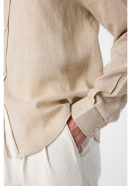 Bej Keten Karışımlı Yaka Düğmeli Erkek Gömlek indirimleri