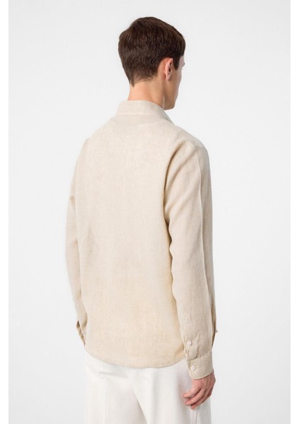 Bej Keten Karışımlı Yaka Düğmeli Erkek Gömlek