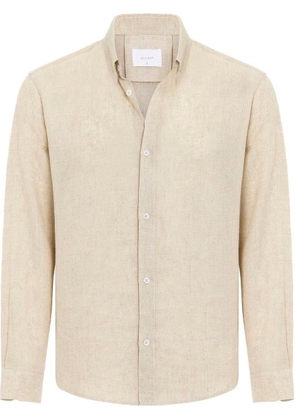 Bej Keten Karışımlı Yaka Düğmeli Erkek Gömlek