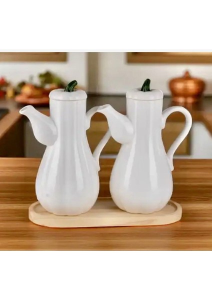 Bambu Standlı 2’li Porselen Beyaz Bal Kabak Model Yağdanlık Seti Ayçiçek Yağı Zeytin Yağı Şişesi