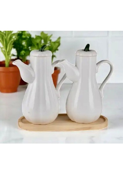 Bambu Standlı 2’li Porselen Beyaz Bal Kabak Model Yağdanlık Seti Ayçiçek Yağı Zeytin Yağı Şişesi fiyatları