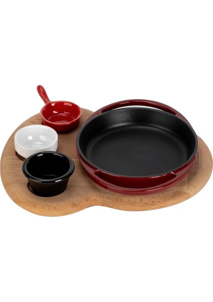 Döküm Yuvarlak Sahan Döküm Demir Yekpare Çift Kulplu Kayın Servis Ahşabı ÇAP(Ø)16CM. (Sos Kapları Dahil Değildir.)-Bordo