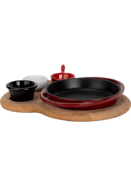 Döküm Yuvarlak Sahan Döküm Demir Yekpare Çift Kulplu Kayın Servis Ahşabı ÇAP(Ø)16CM. (Sos Kapları Dahil Değildir.)-Bordo fiyatları