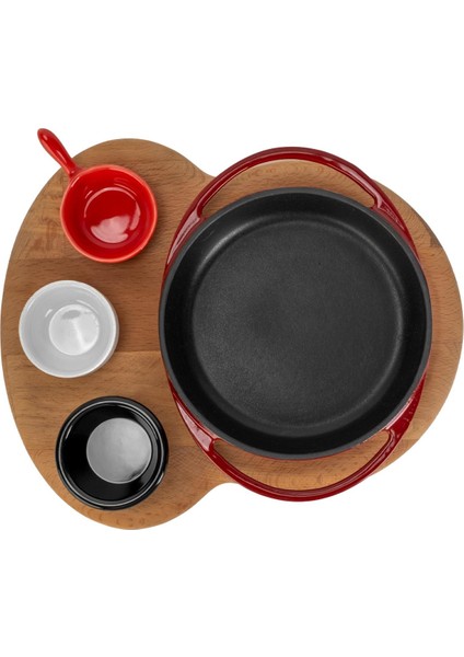 Döküm Yuvarlak Sahan Döküm Demir Yekpare Çift Kulplu Kayın Servis Ahşabı ÇAP(Ø)16CM. (Sos Kapları Dahil Değildir.)-Bordo modelleri