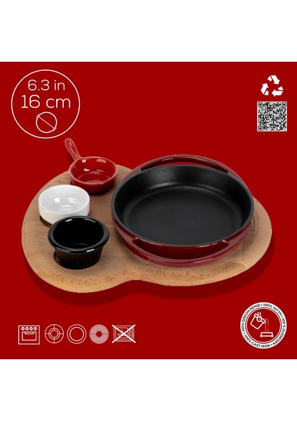 Döküm Yuvarlak Sahan Döküm Demir Yekpare Çift Kulplu Kayın Servis Ahşabı ÇAP(Ø)16CM. (Sos Kapları Dahil Değildir.)-Bordo fırsatları