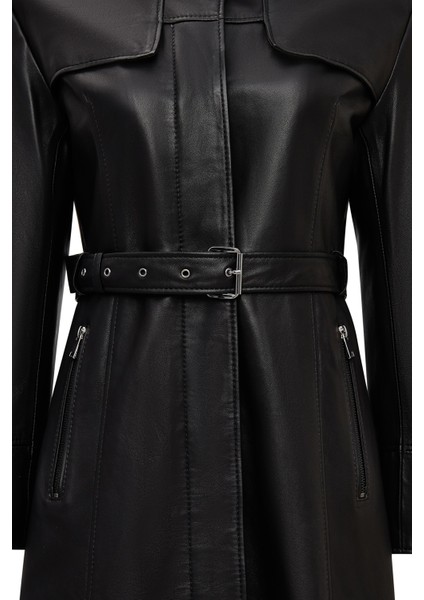 Betina Kadın Siyah Gömlek Yaka Deri Pardösü 25WGD5615U4 fırsatları