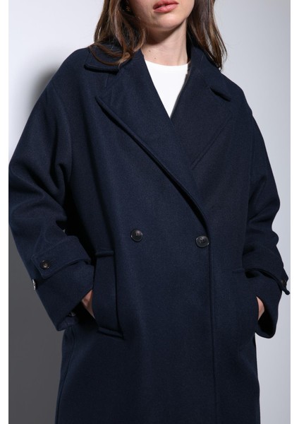 Lacivert Kadın Yumuşak Dokulu Oversize Kruvaze Kaban