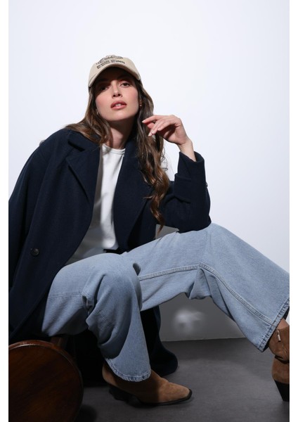 Lacivert Kadın Yumuşak Dokulu Oversize Kruvaze Kaban