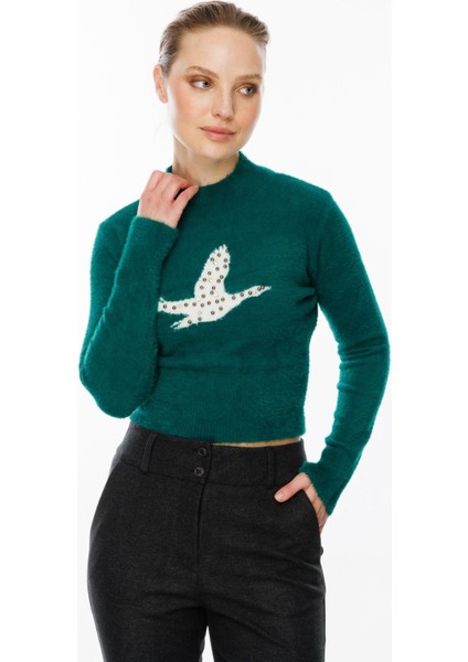 Kuş Detaylı Crop Kazak-ZÜMRÜT