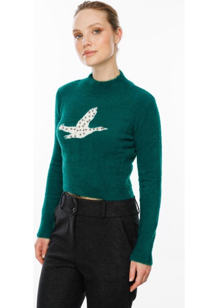 Kuş Detaylı Crop Kazak-ZÜMRÜT