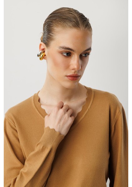 V Yaka Angora Triko Kazak-Camel indirimleri