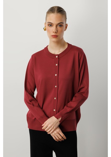 Düğmeli Basic Triko Hırka-Bordo fiyatları