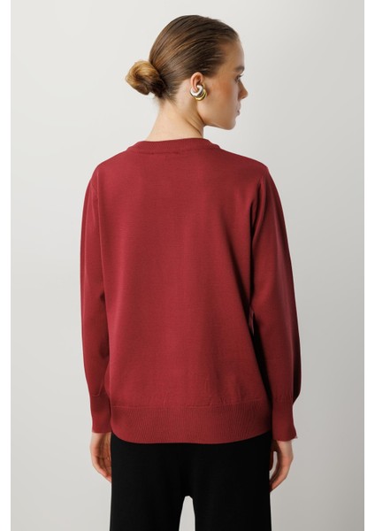 Düğmeli Basic Triko Hırka-Bordo