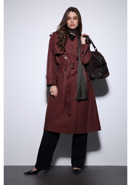 Bordo Kruvaze Kemerli Kadın Trençkot
