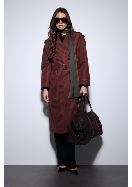 Bordo Kruvaze Kemerli Kadın Trençkot fiyatları