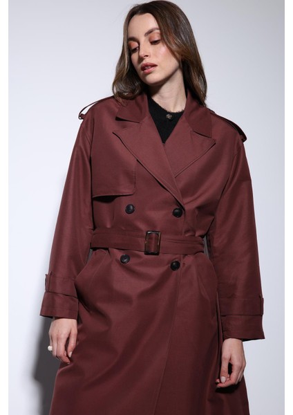 Bordo Kruvaze Kemerli Kadın Trençkot modelleri