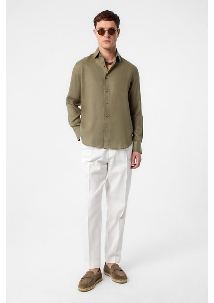 Haki 100% Keten Comfort Fit Erkek Gömlek modelleri