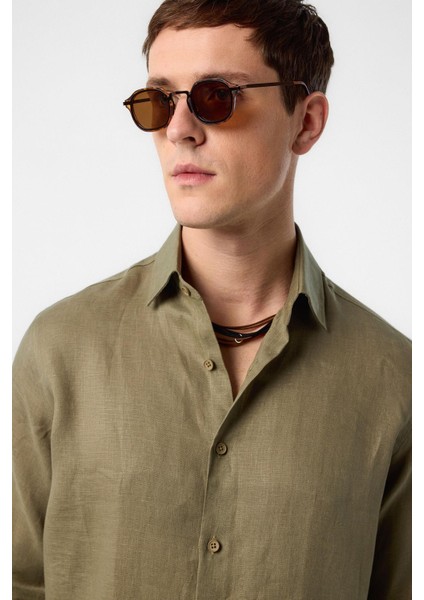 Haki 100% Keten Comfort Fit Erkek Gömlek fırsatları