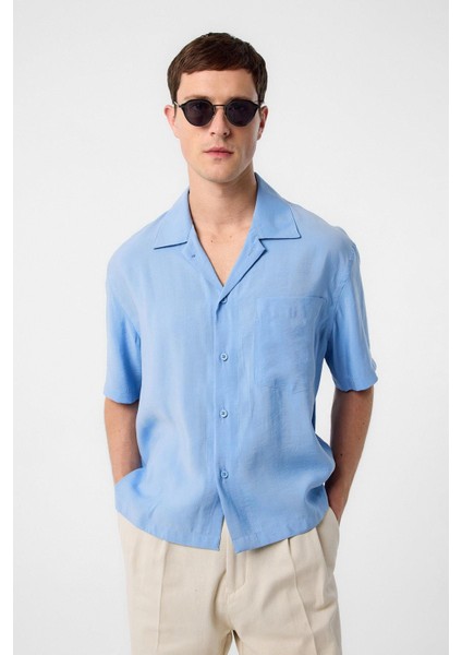 Mavi Apaş Yaka Modal Kumaş Erkek Gömlek