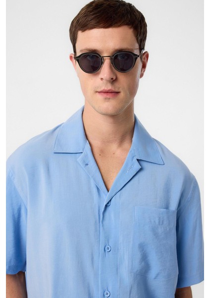 Mavi Apaş Yaka Modal Kumaş Erkek Gömlek fırsatları