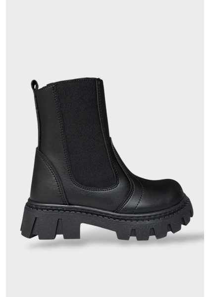 Kız Çocuk Lastik Detaylı Kalın Taban Bot Siyah