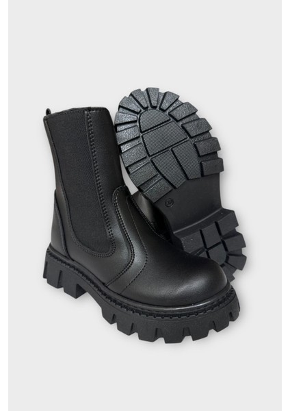 Kız Çocuk Lastik Detaylı Kalın Taban Bot Siyah
