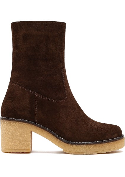 Kadın Kahverengi Fermuarlı Kalın Topuklu Süet Deri Bot 25WFD151310