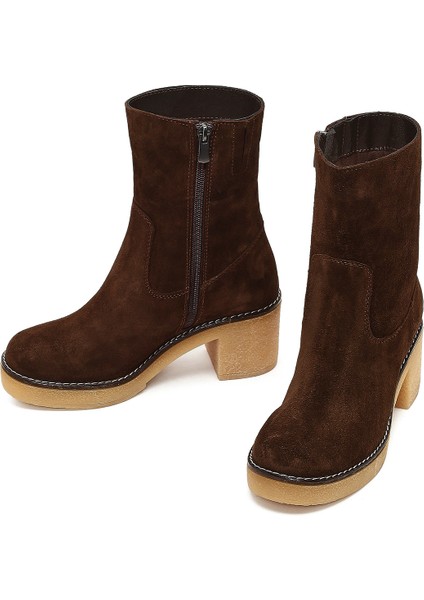 Kadın Kahverengi Fermuarlı Kalın Topuklu Süet Deri Bot 25WFD151310 modelleri