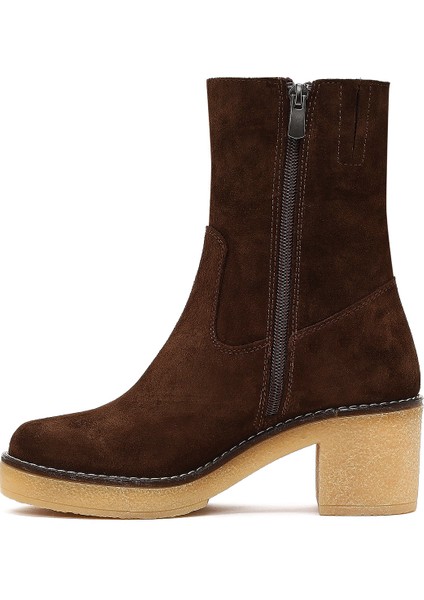 Kadın Kahverengi Fermuarlı Kalın Topuklu Süet Deri Bot 25WFD151310 fırsatları
