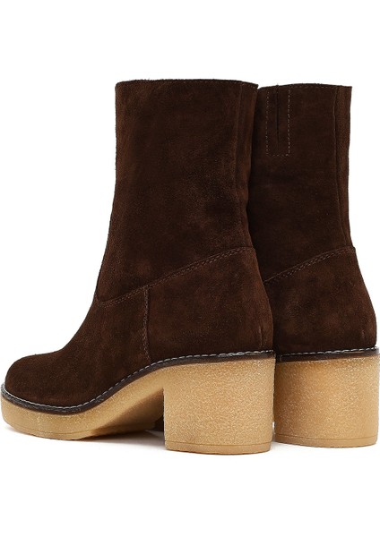 Kadın Kahverengi Fermuarlı Kalın Topuklu Süet Deri Bot 25WFD151310