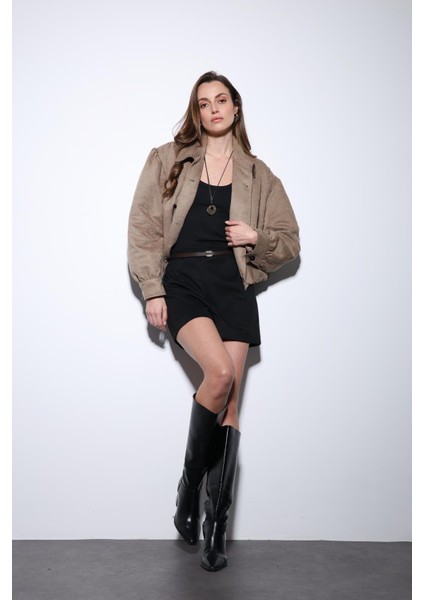 Bej Süet Görünümlü Bomber Kadın Ceket