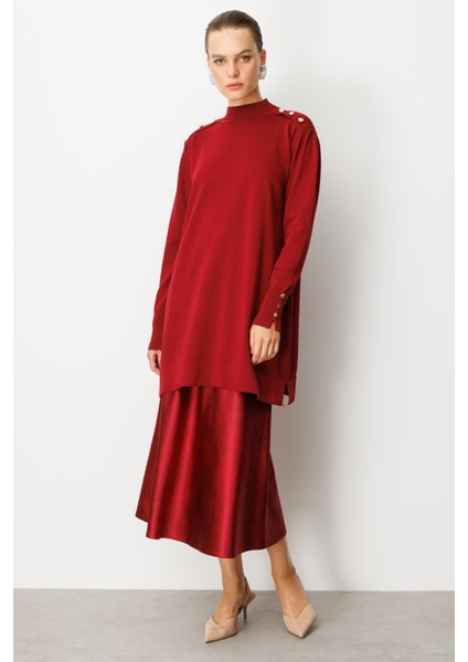 Omzu Düğme Detaylı Triko Tunik-BORDO