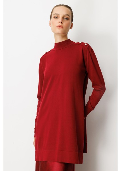 Omzu Düğme Detaylı Triko Tunik-BORDO fiyatları