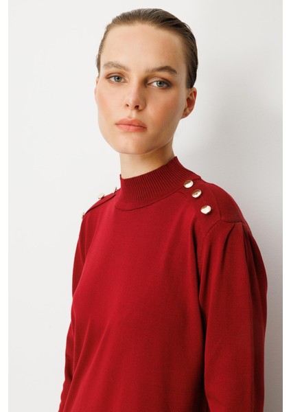 Omzu Düğme Detaylı Triko Tunik-BORDO modelleri