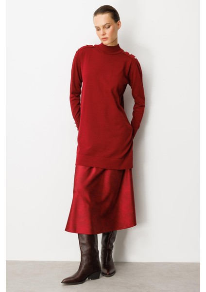 Omzu Düğme Detaylı Triko Tunik-BORDO fırsatları