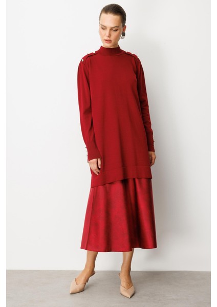 Omzu Düğme Detaylı Triko Tunik-BORDO indirimleri