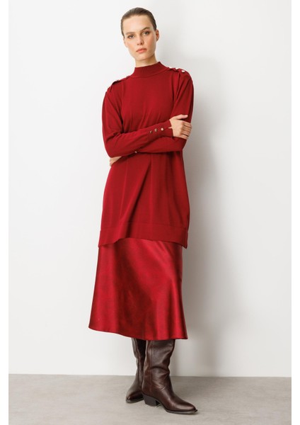 Omzu Düğme Detaylı Triko Tunik-BORDO