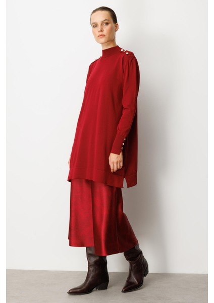 Omzu Düğme Detaylı Triko Tunik-BORDO