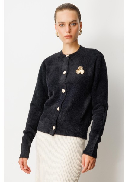 Düğme Detaylı Triko Hırka-SİYAH