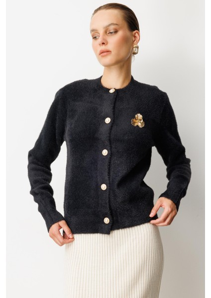 Düğme Detaylı Triko Hırka-SİYAH fırsatları