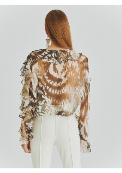 %100 İpek Kolları Volanlı Desenli Bluz Standart Renk K2013165_089 modelleri