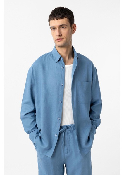 Bebe Mavi Keten Karışımlı Relax Fit Erkek Gömlek