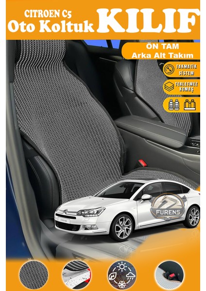 Citroen C5 Uyumlu Siyah Prestij Serisi Dokuma Kumaş Oto Koltuk Kılıfı Ön Tam Arka Alt