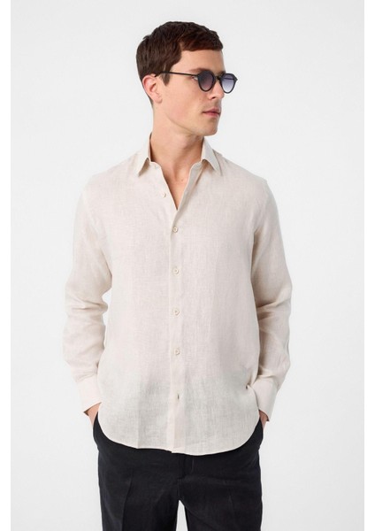 Bej 100% Keten Comfort Fit Erkek Gömlek